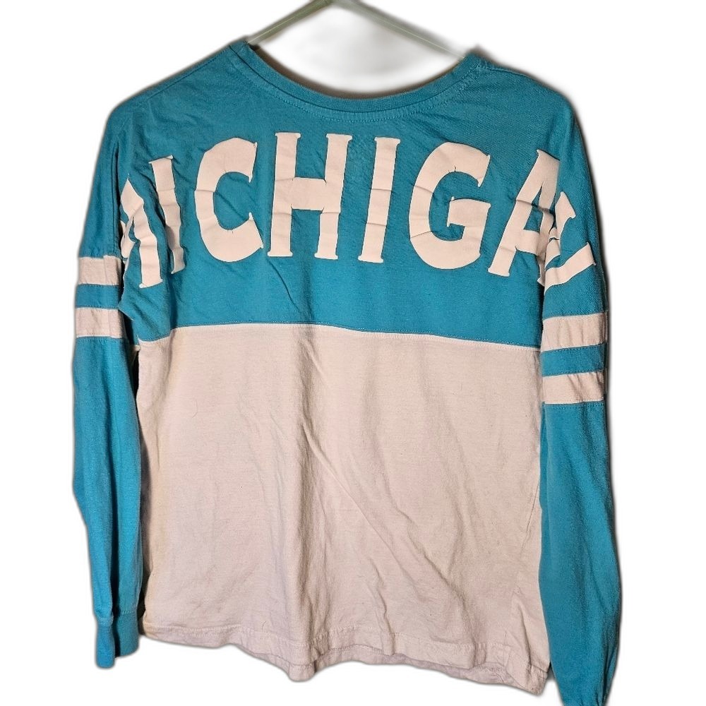 Exist Michigan Turquoise Blue White Long Sleeve T-Shirt Small Up North Vintage